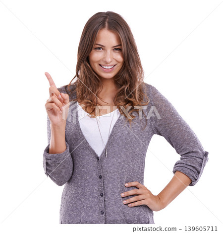 Studio woman, happy portrait and pointing up at discount deal, promotion ads or commercial information. Smile, direction and person show mockup space, offer or sales launch on white background Studio woman, happy portrait and pointing up at discount deal, promotion ads or commercial information. Smile, direction and person show mockup space, offer or sales launch on white background 139605711