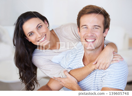 Portrait, couple hug and love with trust, marriage and happiness at home, healthy relationship and affection. People bonding, loyalty and connection with smile, partner and romance together at house Portrait, couple hug and love with trust, marriage and happiness at home, healthy relationship and affection. People bonding, loyalty and connection with smile, partner and romance together at house 139605748