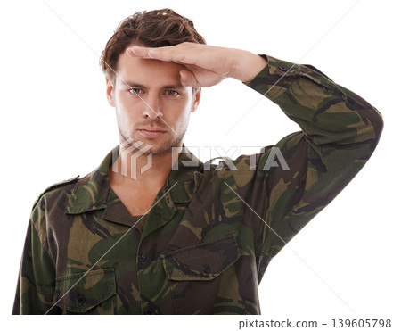 Military, salute and serious with portrait of man in studio for war, conflict and patriotism. Army, surveillance and security with person on white background for soldier, battlefield and veteran Military, salute and serious with portrait of man in studio for war, conflict and patriotism. Army, surveillance and security with person on white background for soldier, battlefield and veteran 139605798