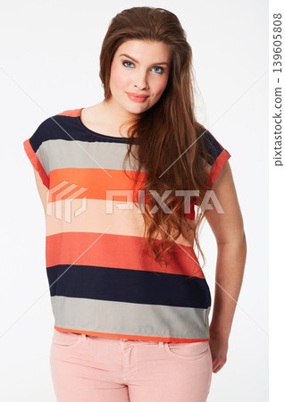 Happy woman, portrait and fashion in beauty or makeup against a white studio background. Face of attractive young female person or model smile with stripped t shirt and stylish clothing on mockup 139605808