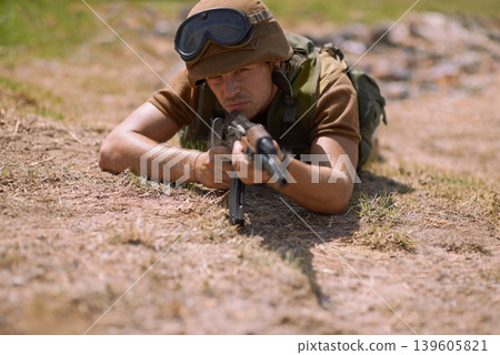 Military, rifle and ground with man and aim in nature for war, conflict and patriotism. Army, surveillance and security with person and sniper gun training for soldier, battlefield and veteran Military, rifle and ground with man and aim in nature for war, conflict and patriotism. Army, surveillance and security with person and sniper gun training for soldier, battlefield and veteran 139605821