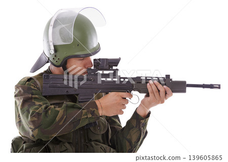 Military, warrior and sniper with man and gun in studio for war, conflict and shooting. Army, surveillance and security with person and rifle on white background for soldier, battlefield or veteran Military, warrior and sniper with man and gun in studio for war, conflict and shooting. Army, surveillance and security with person and rifle on white background for soldier, battlefield or veteran 139605865