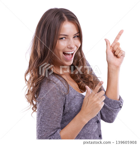 Finger gun, portrait and happy woman point to discount promotion, sales notification or commercial information. Studio, direction and excited person gesture at news announcement on white background Finger gun, portrait and happy woman point to discount promotion, sales notification or commercial information. Studio, direction and excited person gesture at news announcement on white background 139605908