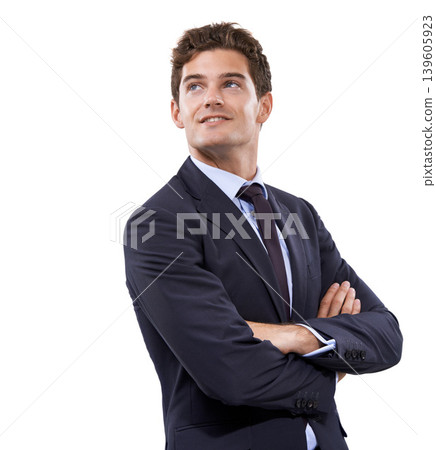 Arms crossed, thinking and business with man, ideas and employee isolated on a white studio background. Person, model and agent with decision, planning and opportunity with promotion or mockup space 139605923