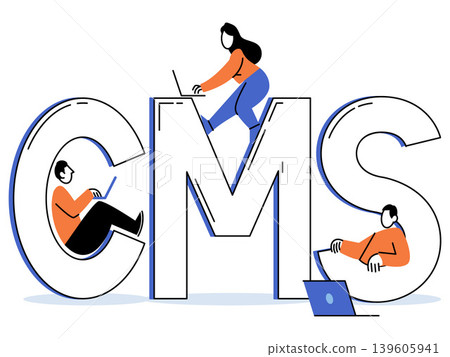 People working on large CMS letters vector illustration. Web development, digital marketing, content strategy, software management, online business, teamwork. Users interacting with big typography 139605941