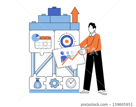 Businessman building a structure with puzzle pieces vector illustration. Strategic planning, project management, growth, development, workflow, goal achievement. Manager assembling a framework Businessman building a structure with puzzle pieces vector illustration. Strategic planning, project management, growth, development, workflow, goal achievement. Manager assembling a framework 139605951