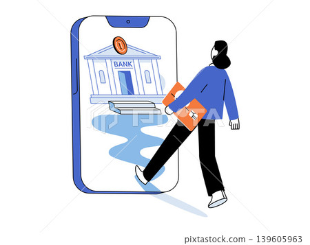 Woman walking into a smartphone screen with a bank building vector illustration. Mobile banking, digital finance, online payments, fintech, wallet, money management. Female entering cellphone Woman walking into a smartphone screen with a bank building vector illustration. Mobile banking, digital finance, online payments, fintech, wallet, money management. Female entering cellphone 139605963