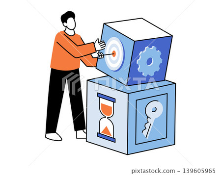 Man organizes large cubes with business icons vector illustration. Strategic planning, time management, goal setting, process optimization, problem solving, business growth. Male character arranging Man organizes large cubes with business icons vector illustration. Strategic planning, time management, goal setting, process optimization, problem solving, business growth. Male character arranging 139605965