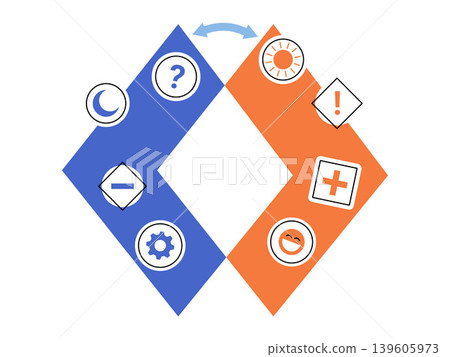 Blue and orange diamond shapes with mood icons vector illustration. Bipolar disorder, mental health, emotional balance, psychology, mood swings, therapy. Dual geometric figures with symbols Blue and orange diamond shapes with mood icons vector illustration. Bipolar disorder, mental health, emotional balance, psychology, mood swings, therapy. Dual geometric figures with symbols 139605973