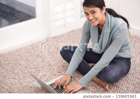 Young, woman and laptop, university student typing essay for college course and smile in portrait. Technology, email and connectivity, internet and research for education and learning at home 139605981