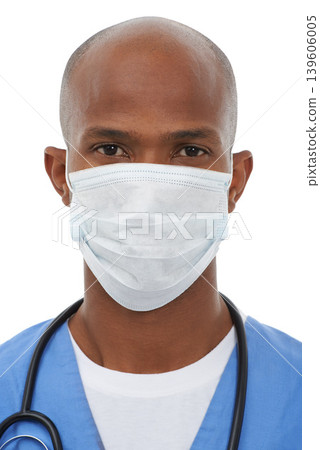 Portrait, man and mask with doctor, healthcare and confident employee isolated on a white studio background. Face cover, medical and professional with uniform, Covid19 regulations and protection 139606005