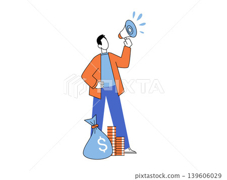 Man with megaphone near money bag and coins vector illustration. Marketing, investment growth, business promotion, wealth management, profit news, startup funding. Male shouting into bullhorn Man with megaphone near money bag and coins vector illustration. Marketing, investment growth, business promotion, wealth management, profit news, startup funding. Male shouting into bullhorn 139606029