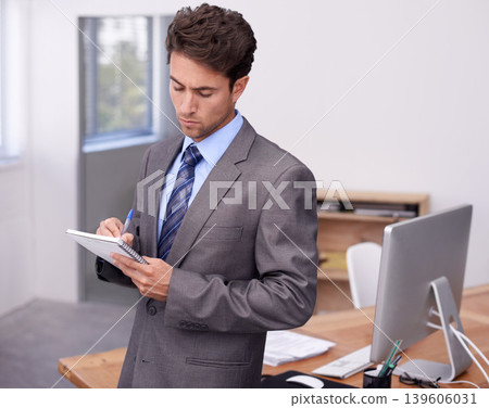Business man, writing notes and planning in office with ideas, brainstorming and financial strategy in accounting. Professional accountant or corporate employee with notebook for schedule or priority Business man, writing notes and planning in office with ideas, brainstorming and financial strategy in accounting. Professional accountant or corporate employee with notebook for schedule or priority 139606031