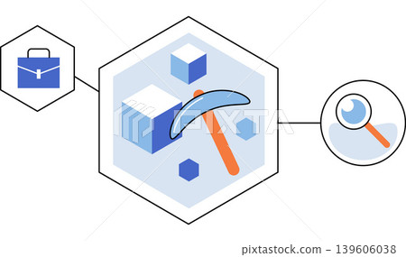Pickaxe mining digital cubes in hexagon vector illustration. Data mining, business intelligence, resource extraction, crypto analytics, information search, market research. Tool extracting blocks 139606038
