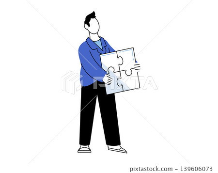 A man holding a large jigsaw puzzle piece vector illustration. Problem solving, business strategy, teamwork, logic, integration, task completion. Male character carrying a solution component A man holding a large jigsaw puzzle piece vector illustration. Problem solving, business strategy, teamwork, logic, integration, task completion. Male character carrying a solution component 139606073