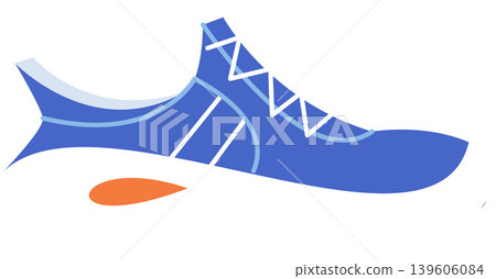 Blue sneaker with a fish tail and orange drop vector illustration. Running, swimming, triathlon, athletic performance, speed, aquatic sports. Sport shoe with marine fin and laces 139606084