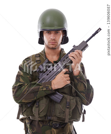 Military, warrior and gun with portrait of man in studio for war, conflict and patriotism. Army, surveillance and security with person on white background for soldier, battlefield and veteran Military, warrior and gun with portrait of man in studio for war, conflict and patriotism. Army, surveillance and security with person on white background for soldier, battlefield and veteran 139606087
