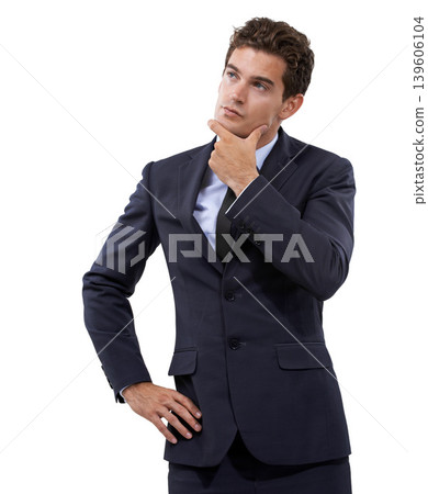 Businessman, thinking and planning in studio mockup, start up and strategy with decision for corporate professional. Person, idea and entrepreneur in attorney career and question by white background 139606104