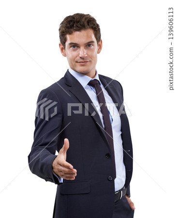 Business man, handshake offer and agreement in studio for introduction, job interview or hiring. Happy corporate boss or employer shaking hands or welcome portrait in client POV on a white background Business man, handshake offer and agreement in studio for introduction, job interview or hiring. Happy corporate boss or employer shaking hands or welcome portrait in client POV on a white background 139606113