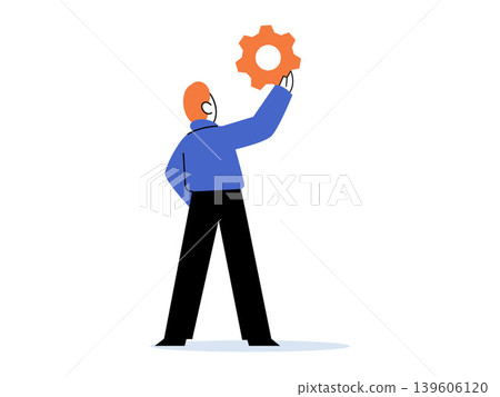 Man in blue shirt holds an orange gear vector illustration. Technical support, business optimization, system maintenance, industrial progress, problem solving, workflow management. Employee lifting Man in blue shirt holds an orange gear vector illustration. Technical support, business optimization, system maintenance, industrial progress, problem solving, workflow management. Employee lifting 139606120