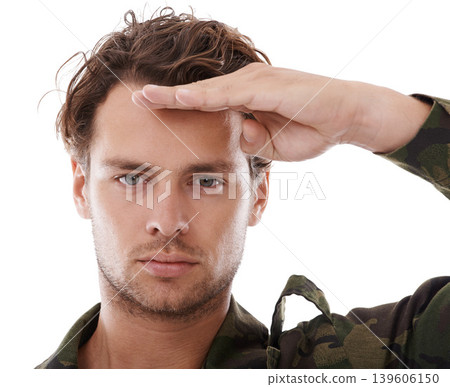 Military, army and salute with portrait of man in studio for war, conflict and patriotism. Warrior, surveillance and security with person on white background for soldier, battlefield and veteran Military, army and salute with portrait of man in studio for war, conflict and patriotism. Warrior, surveillance and security with person on white background for soldier, battlefield and veteran 139606150
