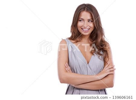 Thinking, smile and happy woman with arms crossed in studio with solution, answer or conclusion on white background. Brainstorming, planning or lady model with emoji for problem solving questions Thinking, smile and happy woman with arms crossed in studio with solution, answer or conclusion on white background. Brainstorming, planning or lady model with emoji for problem solving questions 139606161