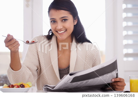 Breakfast, newspaper and portrait of woman with fruit salad and juice for nutrition, wellness and reading news. Morning, happy and person with drink, food and snack for detox, vitamins and health Breakfast, newspaper and portrait of woman with fruit salad and juice for nutrition, wellness and reading news. Morning, happy and person with drink, food and snack for detox, vitamins and health 139606168
