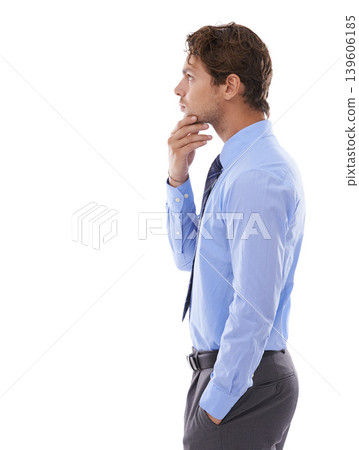 Studio profile, thinking and business man planning of problem solving solution, work innovation or agency decision. Mockup space, wondering and agent question choice, why or idea on white background Studio profile, thinking and business man planning of problem solving solution, work innovation or agency decision. Mockup space, wondering and agent question choice, why or idea on white background 139606185