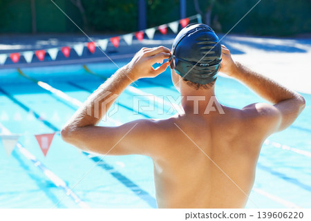 Swimming, pool and back of sports man ready for exercise, outdoor workout or training practice for competition. Sunshine, athlete and back of swimmer to start challenge, cardio or fitness performance Swimming, pool and back of sports man ready for exercise, outdoor workout or training practice for competition. Sunshine, athlete and back of swimmer to start challenge, cardio or fitness performance 139606220