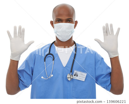 Portrait, uniform and mask with doctor, man and gloves isolated on a white studio background. Face cover, medical and professional with regulations, policy and healthcare with protection and safety Portrait, uniform and mask with doctor, man and gloves isolated on a white studio background. Face cover, medical and professional with regulations, policy and healthcare with protection and safety 139606221
