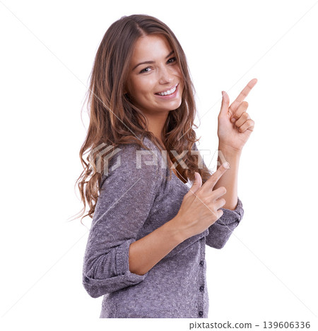 Pointing, portrait and happy woman with finger gun gesture at discount opportunity, sales notification or ads. Happiness, coming soon and studio model smile for news presentation on white background Pointing, portrait and happy woman with finger gun gesture at discount opportunity, sales notification or ads. Happiness, coming soon and studio model smile for news presentation on white background 139606336