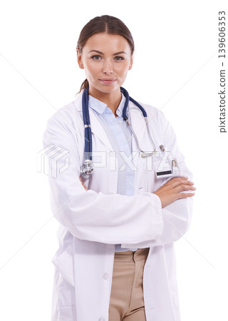 Happy woman, portrait and professional doctor standing with arms crossed on a white studio background. Female person, surgeon or medical employee with stethoscope in confidence for healthcare career Happy woman, portrait and professional doctor standing with arms crossed on a white studio background. Female person, surgeon or medical employee with stethoscope in confidence for healthcare career 139606353