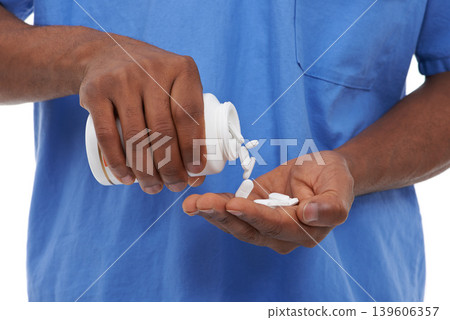 Hands, pills and bottle for health with doctor or nurse, prescription medicine, antibiotics or supplements. Medication, medical treatment and wellness with vitamins, person with pharmaceutical drugs Hands, pills and bottle for health with doctor or nurse, prescription medicine, antibiotics or supplements. Medication, medical treatment and wellness with vitamins, person with pharmaceutical drugs 139606357