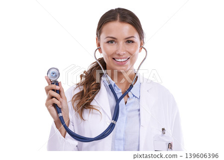 Doctor, portrait and woman with stethoscope for heartbeat, healthcare and cardiology in studio on white background. Happy medical worker with tools to check lungs, cardiovascular test and evaluation 139606396