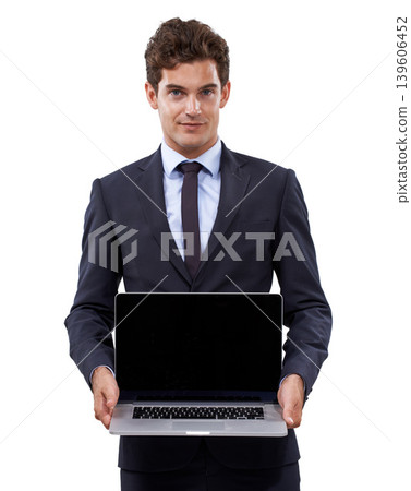 Confident, businessman and portrait by laptop screen and corporate professional with technology for studio mockup. Person, face and computer in hands for entrepreneur, digital and white background Confident, businessman and portrait by laptop screen and corporate professional with technology for studio mockup. Person, face and computer in hands for entrepreneur, digital and white background 139606452
