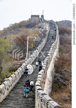Unrecognizable tourists walking towards Tower 20 known as Hero's Slope in Mutianyu section of Great Wall Unrecognizable tourists walking towards Tower 20 known as Hero's Slope in Mutianyu section of Great Wall 139606623