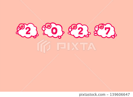 A New Year's card for the Year of the Sheep, 2027. It features four smiling sheep jumping and the number "2027," on a pink background with no text. A New Year's card for the Year of the Sheep, 2027. It features four smiling sheep jumping and the number "2027," on a pink background with no text. 139606647