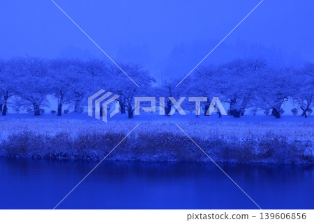 The Kitakami River in winter, shrouded in mist at dawn. The Kitakami River in winter, shrouded in mist at dawn. 139606856