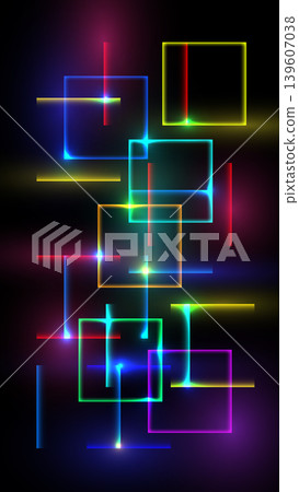 Neon geometric abstract background with glowing squares and futuristic light lines on dark backdrop for digital technology design Neon geometric abstract background with glowing squares and futuristic light lines on dark backdrop for digital technology design 139607038