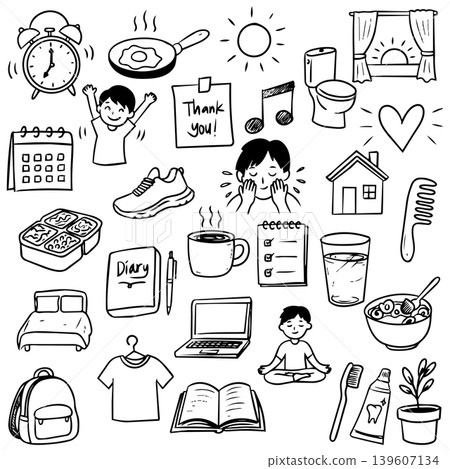 Daily Routine and Healthy Lifestyle Hand Drawn Doodle Icons Set Daily Routine and Healthy Lifestyle Hand Drawn Doodle Icons Set 139607134