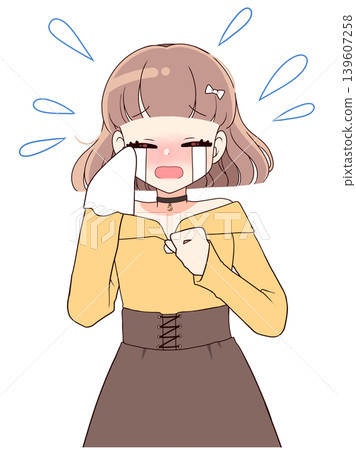 一位留著波浪捲髮的女子歇斯底里地哭泣,手裡拿著手帕(動漫風格)。 一位留著波浪捲髮的女子歇斯底里地哭泣,手裡拿著手帕(動漫風格)。 139607258