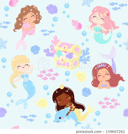 Cute aquatic mermaid under the sea seamless pattern Cute aquatic mermaid under the sea seamless pattern 139607262