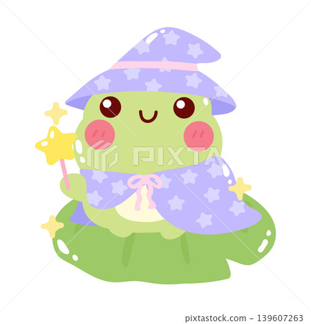 Cute frog wizard cartoon character with magic wand Cute frog wizard cartoon character with magic wand 139607263