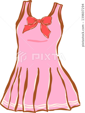 Pink Pleated Tennis Dress with Red Bow Whimsical Sketchy Hand Drawn 139607294