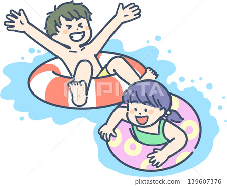 Boys and girls playing while floating in inner tubes. Boys and girls playing while floating in inner tubes. 139607376