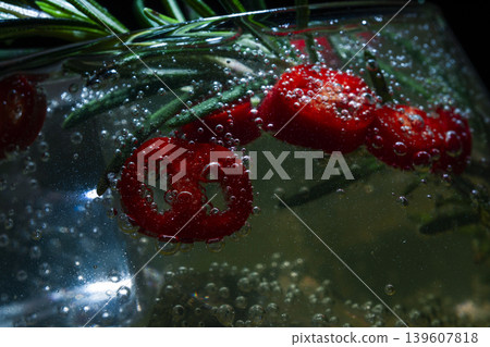 alcoholic cocktail with rosemary and pepperoni alcoholic cocktail with rosemary and pepperoni 139607818