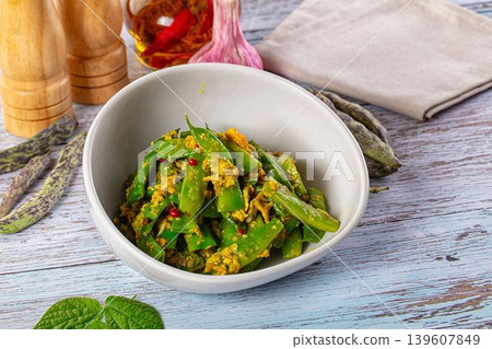 Steamed green beans with egg scramble Steamed green beans with egg scramble 139607849