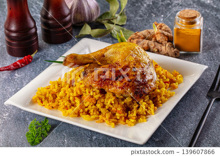 Roasted chicken leg with yellow rice Roasted chicken leg with yellow rice 139607866