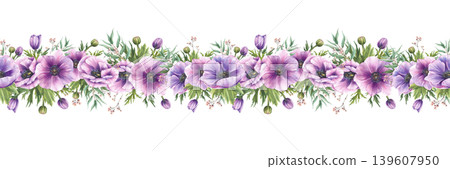 Anemones flowers with purple and pink buds and green leaves with eucalyptus branches watercolor seamless border. Floral illustration, horizontal pattern print. Hand drawn on isolated white background. Anemones flowers with purple and pink buds and green leaves with eucalyptus branches watercolor seamless border. Floral illustration, horizontal pattern print. Hand drawn on isolated white background. 139607950