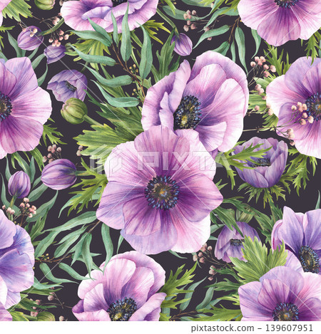 Watercolor purple flowers seamless pattern. Anemones pink buds, green leaves with eucalyptus branches summer print. Floral fabric, wallpaper. Hand painted illustration on isolated dark background. Watercolor purple flowers seamless pattern. Anemones pink buds, green leaves with eucalyptus branches summer print. Floral fabric, wallpaper. Hand painted illustration on isolated dark background. 139607951